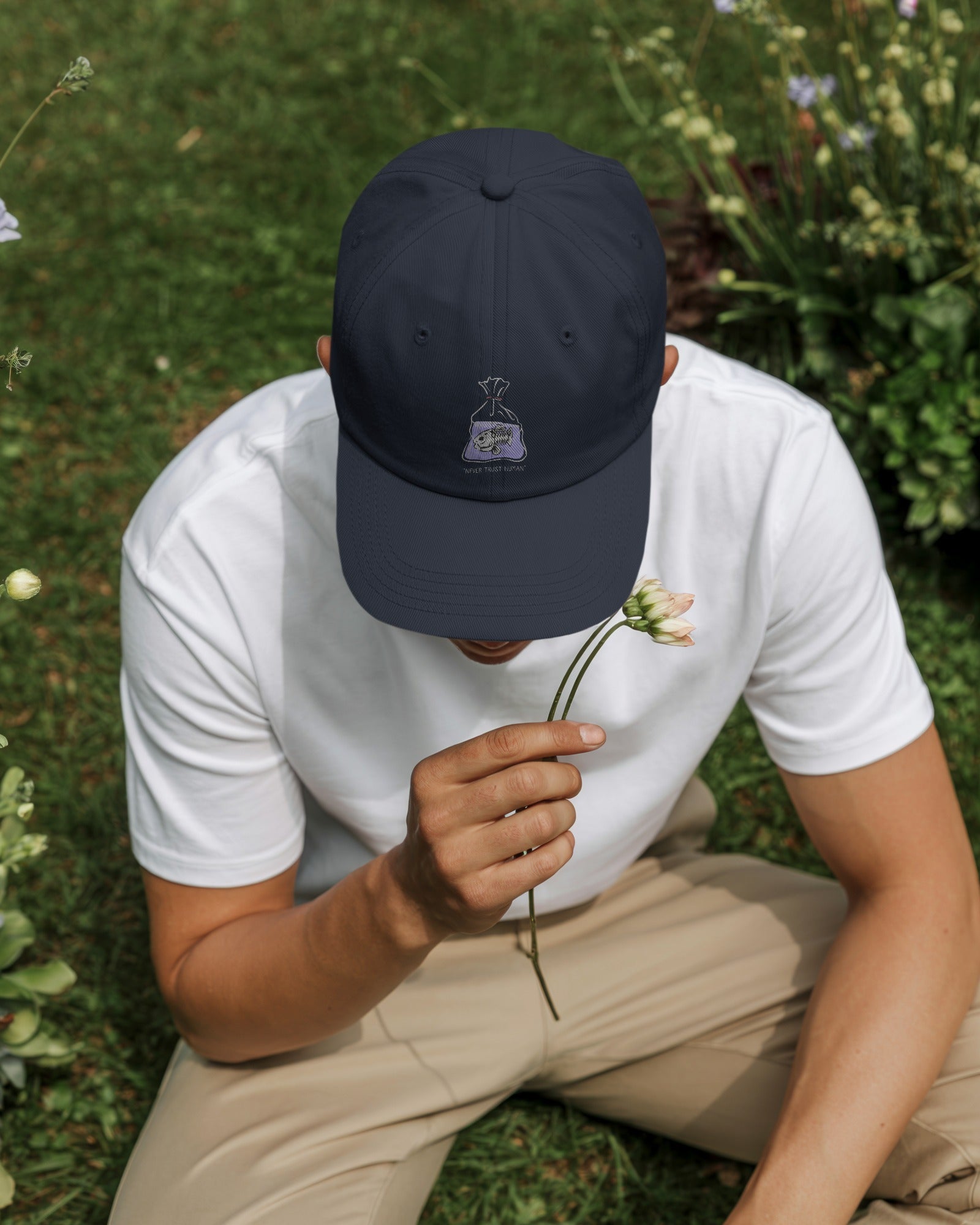 Embroidered Dad Hat – "Never Trust Human" Design, Unstructured Cotton Twill