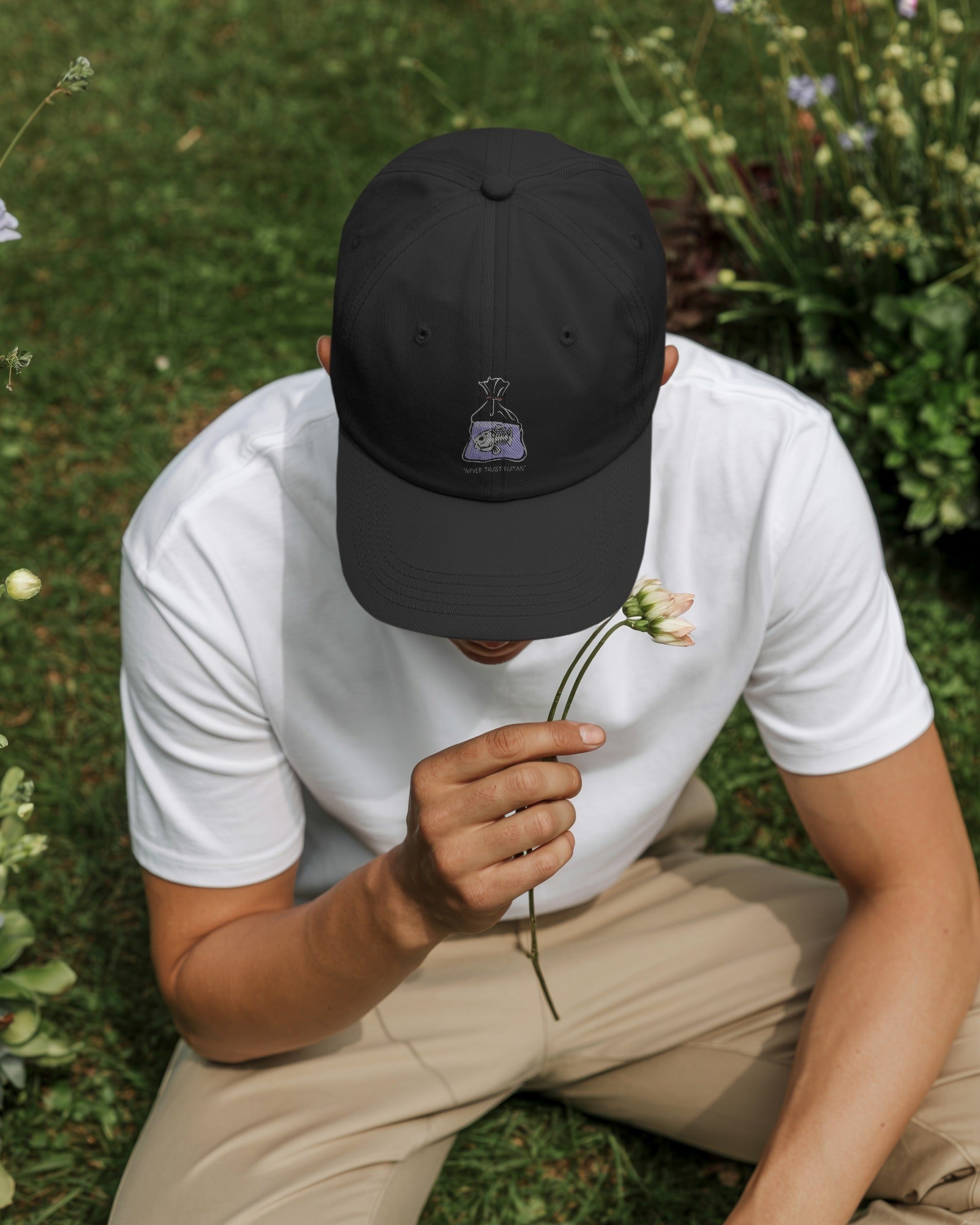 Embroidered Dad Hat – "Never Trust Human" Design, Unstructured Cotton Twill