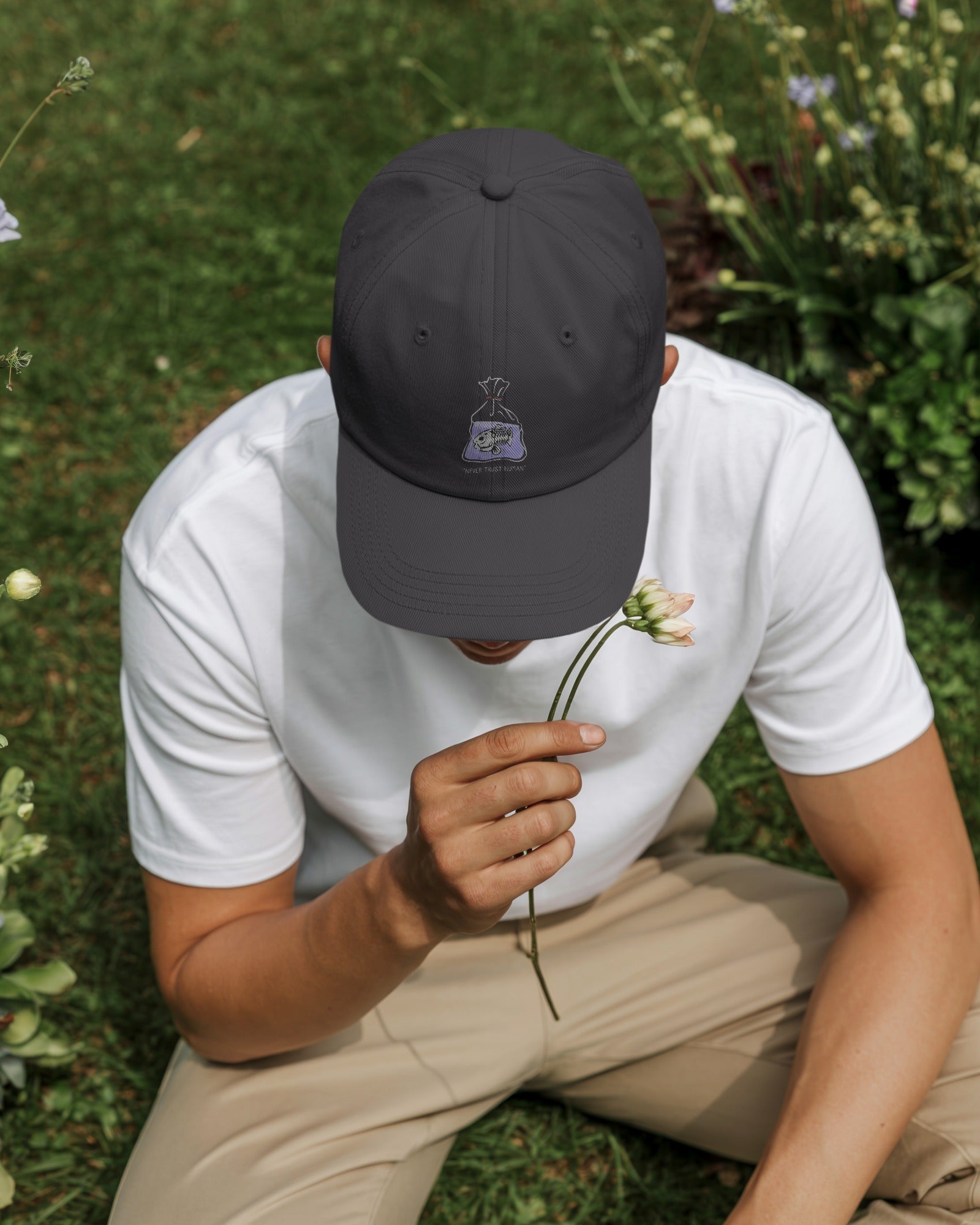 Embroidered Dad Hat – "Never Trust Human" Design, Unstructured Cotton Twill