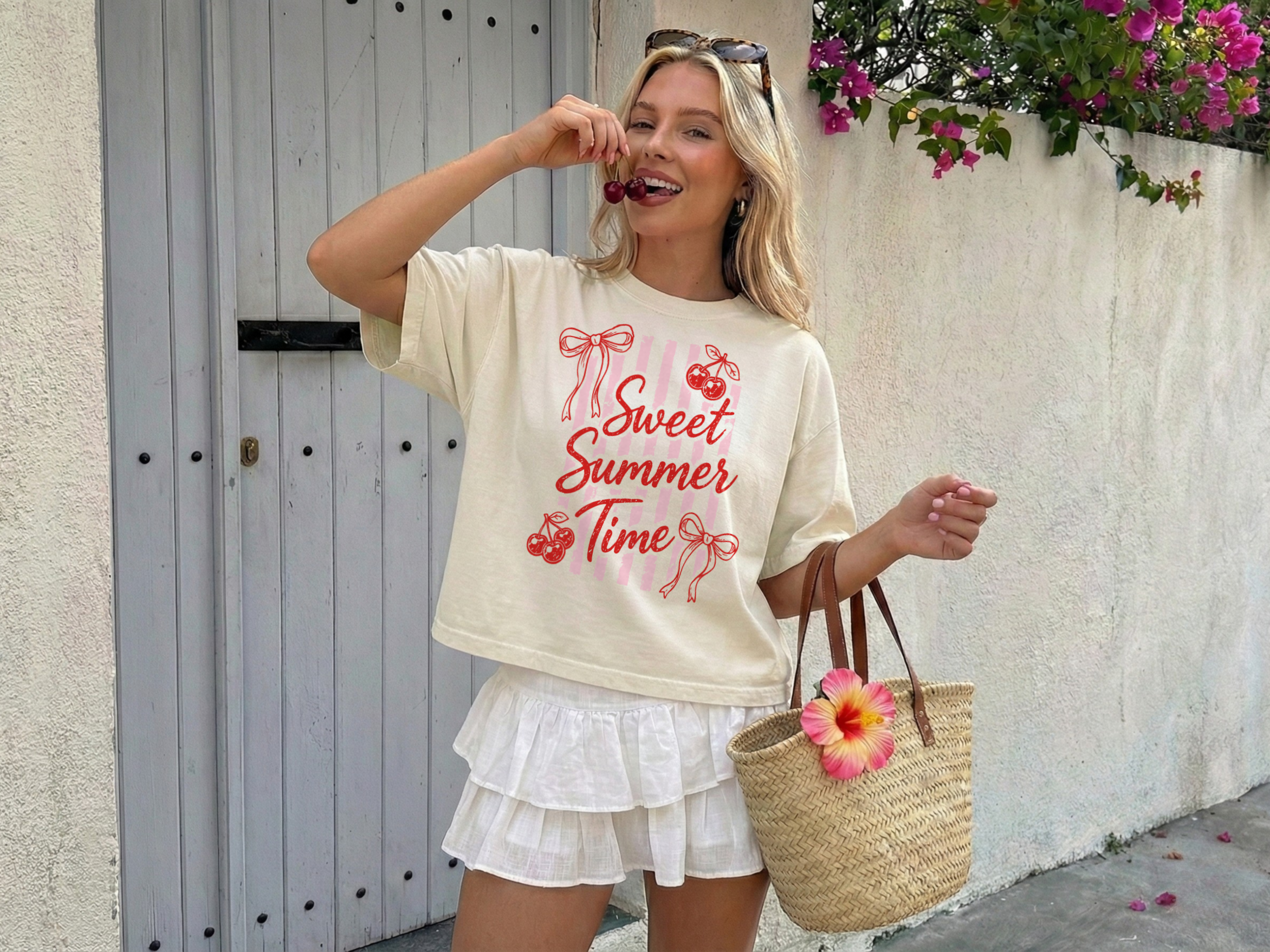 Sweet Summer Time Boxy Cotton Tee, Cherry Graphic Summer Vibes Shirt