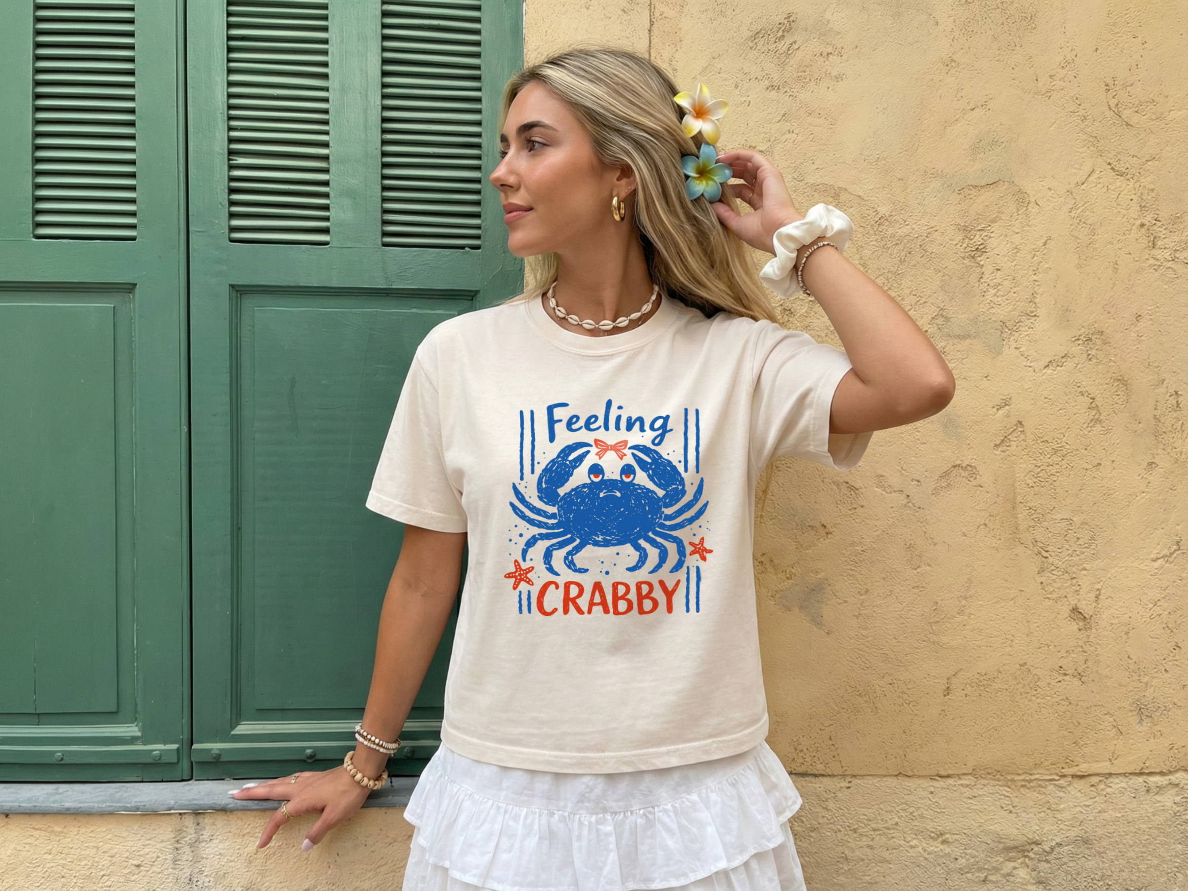 Feeling Crabby Summer T-Shirt, Boxy Mid-Length Tee, Coastal Breeze Vibes