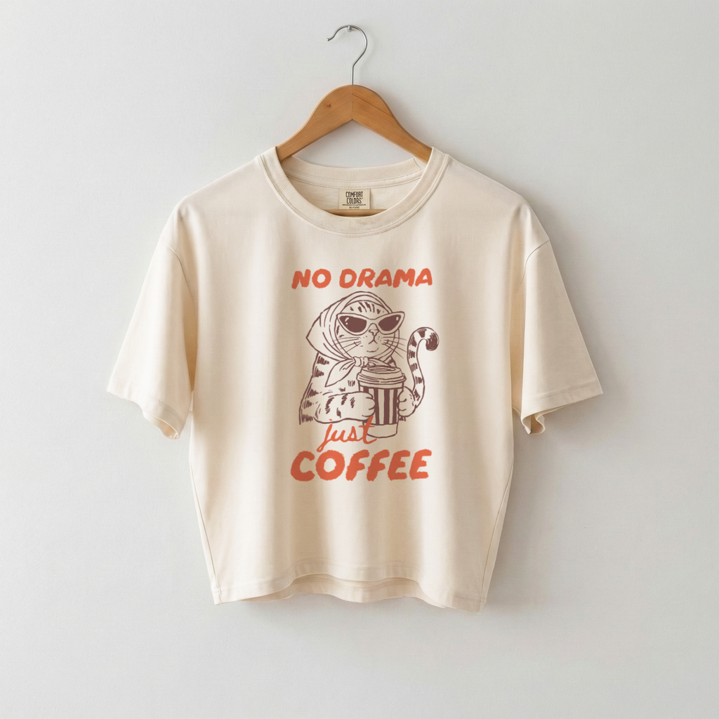 No Drama Just Coffee Funny Cat Boxy Tee, Cotton Boxy T-shirt