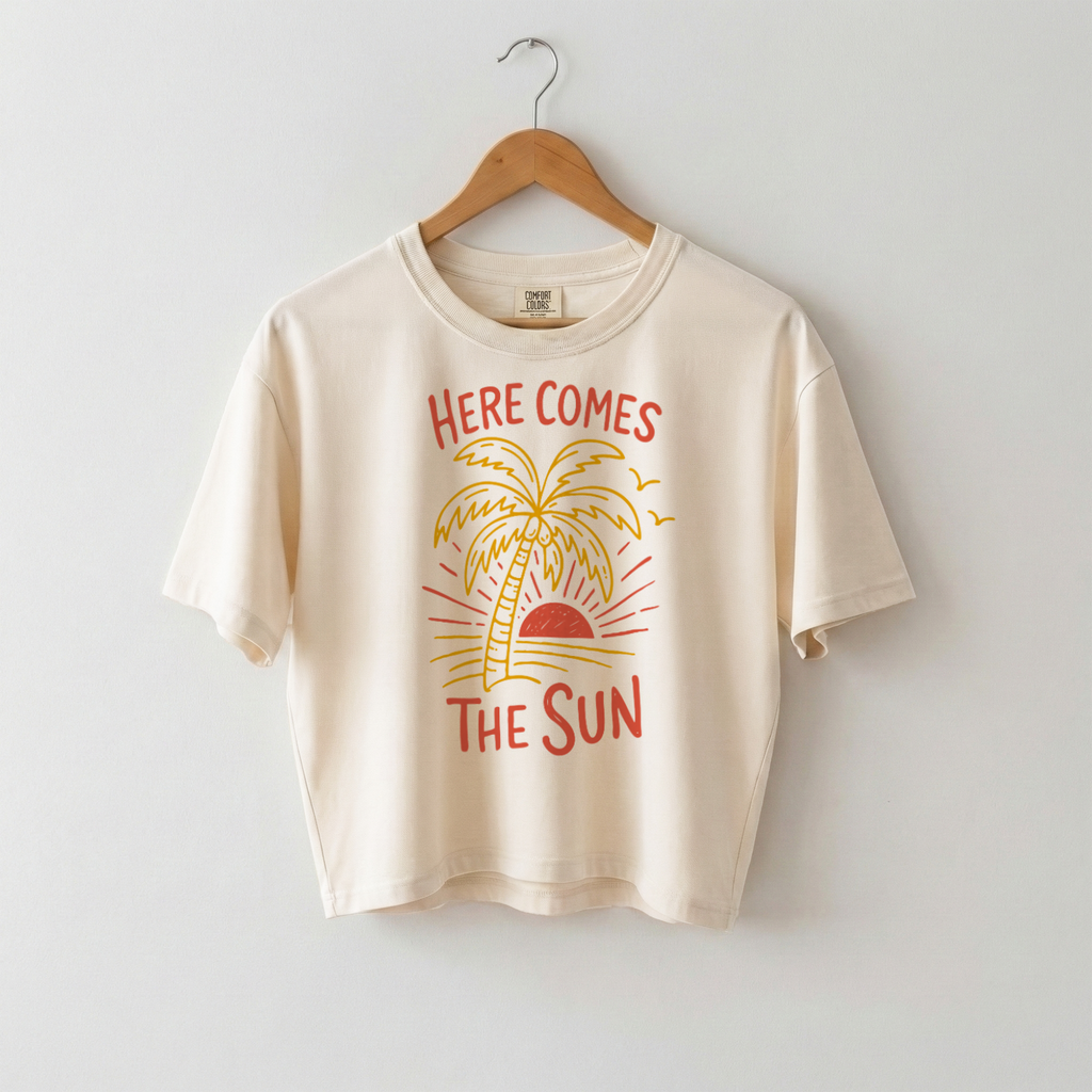 Here Comes The Sun Graphic Tee, Women's Boxy Cotton Summer Shirt