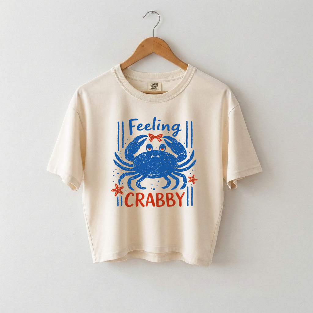 Feeling Crabby Summer T-Shirt, Boxy Mid-Length Tee, Coastal Breeze Vibes