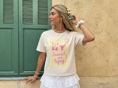 Boxy Mid-Length Tee – Summer Vibes Graphic Print Cotton T-shirt