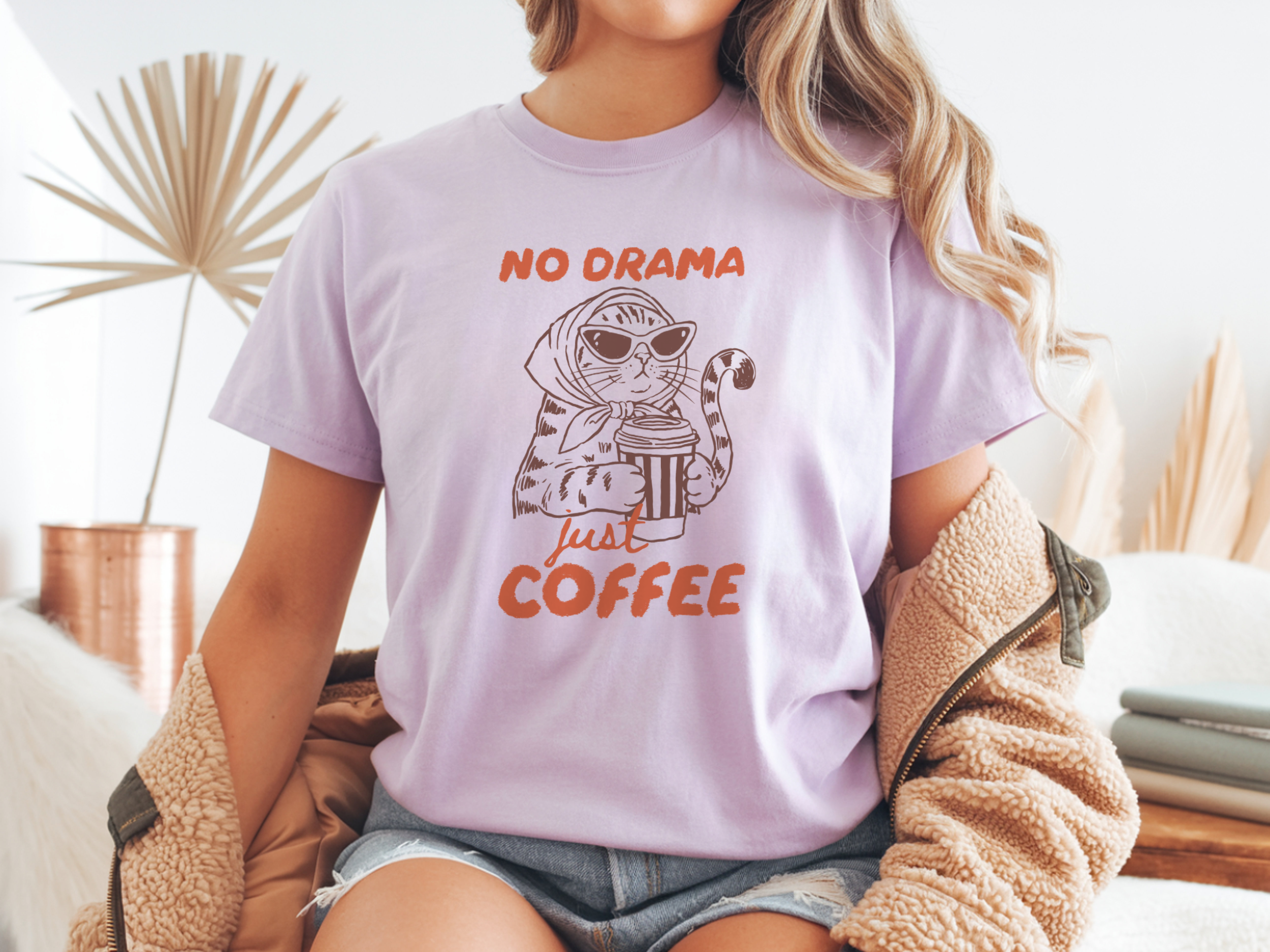 No Drama Just Coffee Funny Cat Boxy Tee, Cotton Boxy T-shirt