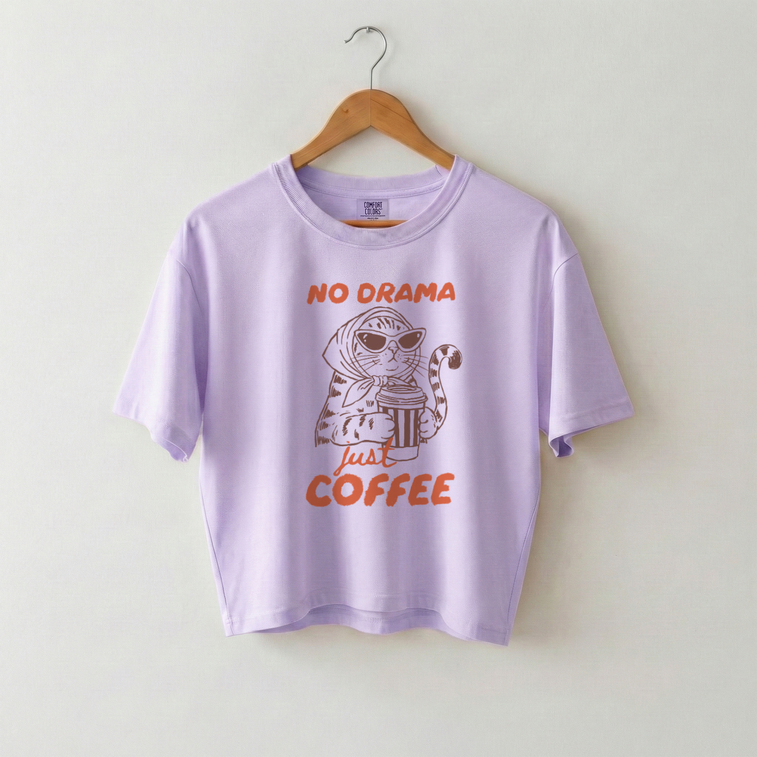 No Drama Just Coffee Funny Cat Boxy Tee, Cotton Boxy T-shirt