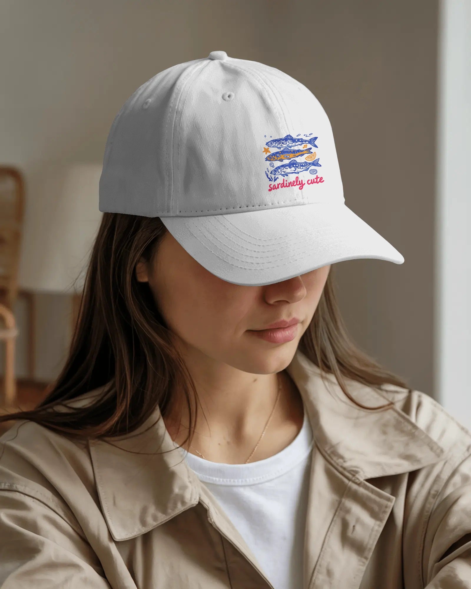Sardines Graphic Cotton Twill Cap, Quirky Coastal Streetwear Accessory