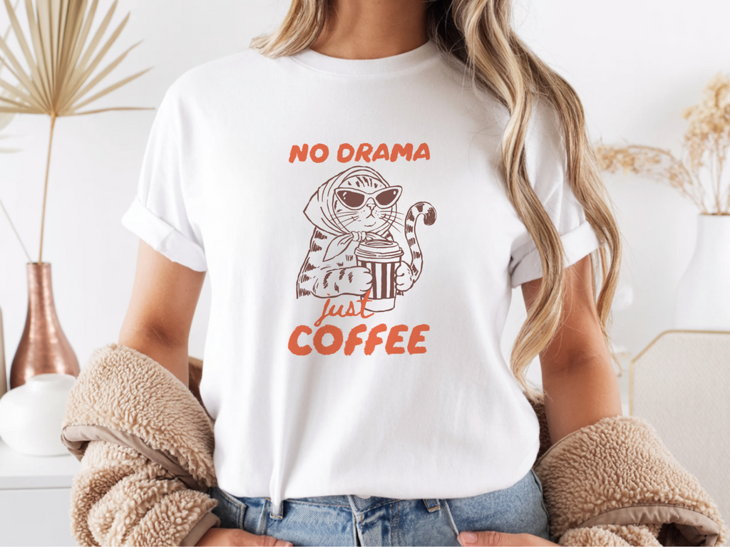 No Drama Just Coffee Funny Cat Boxy Tee, Cotton Boxy T-shirt
