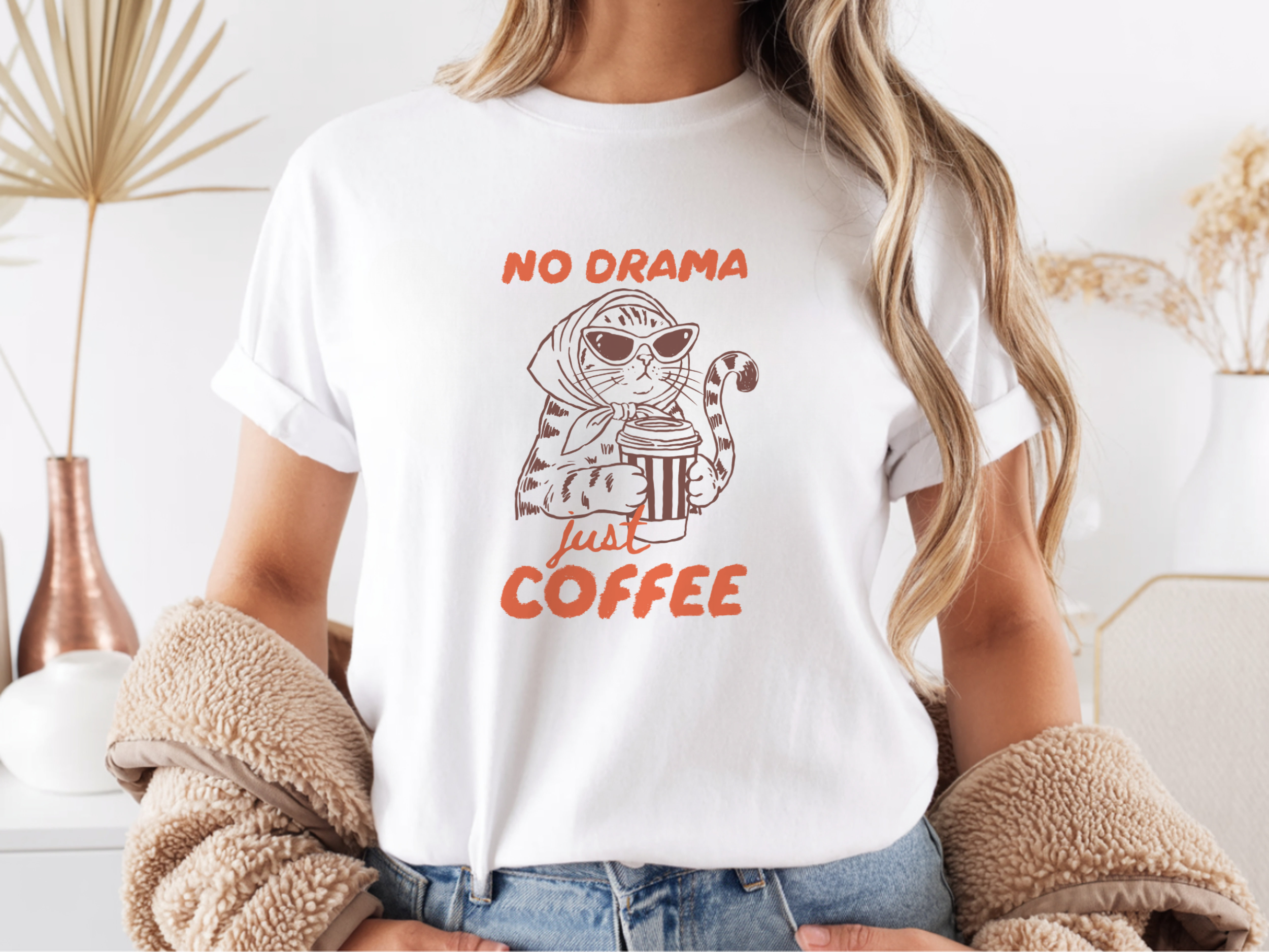 No Drama Just Coffee Funny Cat Boxy Tee, Cotton Boxy T-shirt