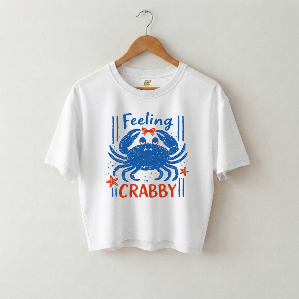 Feeling Crabby Summer T-Shirt, Boxy Mid-Length Tee, Coastal Breeze Vibes