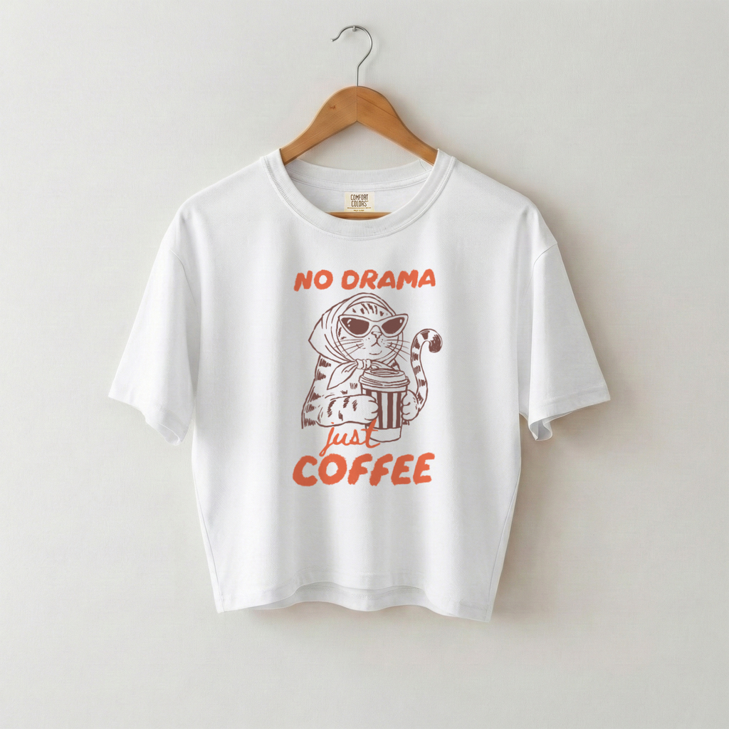 No Drama Just Coffee Funny Cat Boxy Tee, Cotton Boxy T-shirt